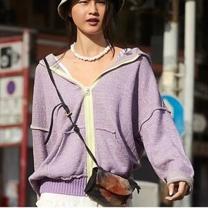 Free People In Bloom Oversized Lavender Knit Zip Up Hoodie Jacket Size L